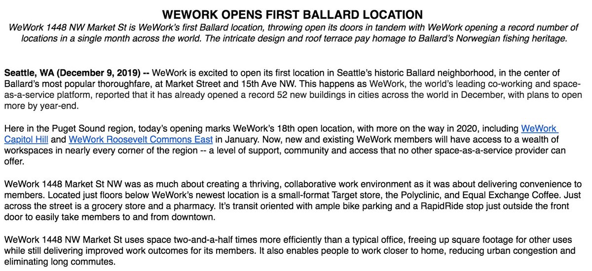 WeWork today opened its 18th location in the Puget Sound region with a 76,527 square-foot space in Ballard. The company has opened a record 52 new buildings worldwide this month. In October it canceled plans for a 36-floor "WeLive" mixed-use Seattle residential project.