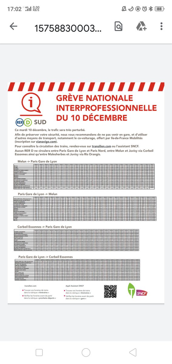 Horaire pour le sud