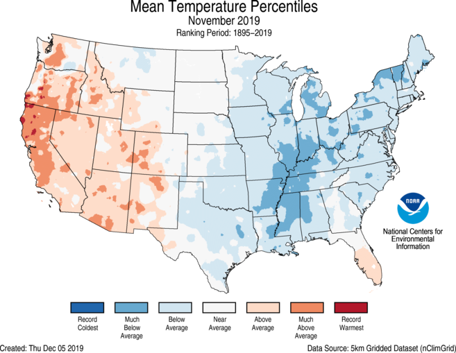 NOAA's tweet photo. Just in: At 41.2°F, #November 2019 was 0.5°F below 20th century avg per @NOAANCEIclimate https://t.co/xW2F3DXOAD  #StateOfClimate https://t.co/Ibhuy06gsA