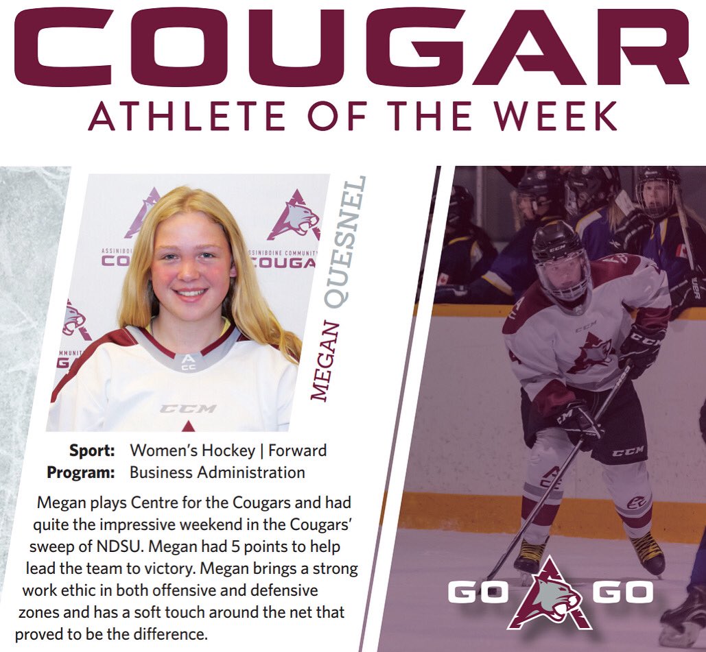 🚨Megan is the Cougars AOTW🚨• Quesnel earned 5 points to help lead the team to their weekend sweep over NDSU🐾🏒 #cougarpride