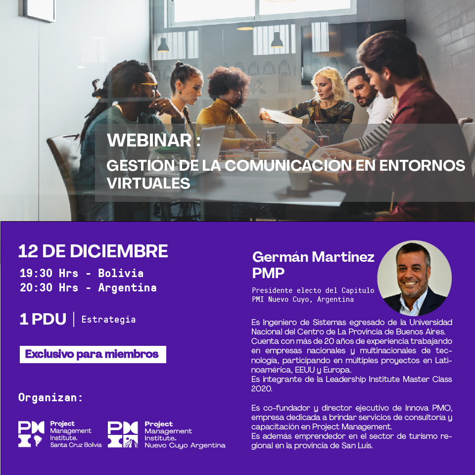 Los invitamos a participar del Webinar “Gestión de la Comunicación en entornos virtuales” con la colaboración de Germán Martinez.

✅PÁG. REGISTRO: bit.ly/2DZHbaD
🗓Fecha: 12/12/2019

Consultas:
📧 contacto@pmisc.org.bo
