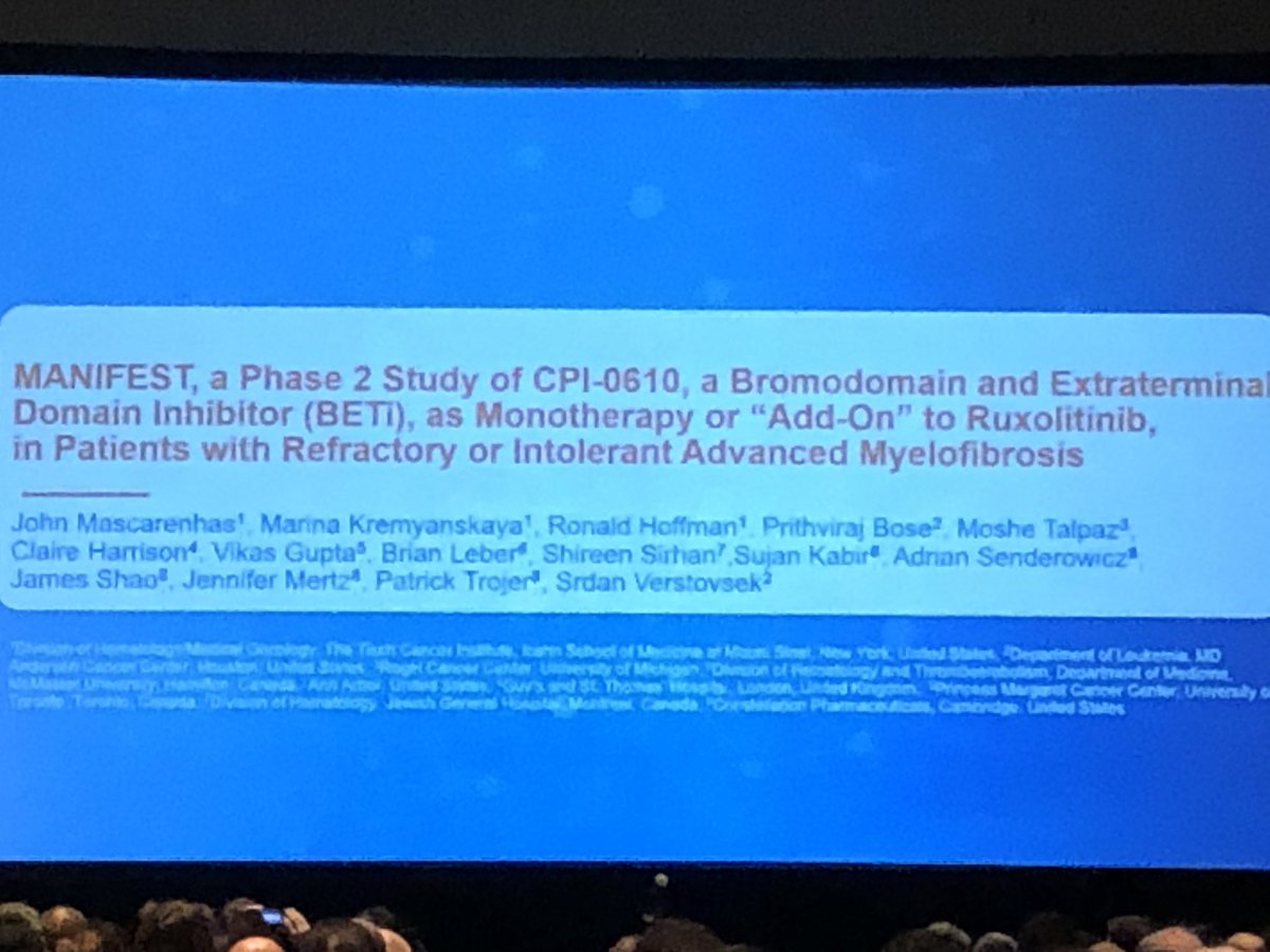 doctorpemm's tweet photo. #ASH19 #MPNSM || Dr J Mascarenhas presenting #MANIFEST ph2 study of CPI-0610 , a #BETi #BRDi | Background and study design. Monotherapy or as #AddOn to Ruxolitinib https://t.co/RwvNJhWuKU