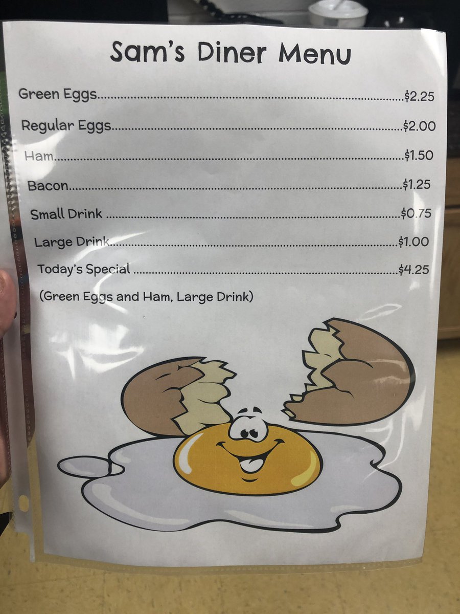 Mocfray's tweet photo. Introducing variables and expressions today using Dr. Seuss’ Green Eggs And Ham. Math is fun! 🤓 @pghs_spartans @lisasbaxter @LeslieCRichard2 https://t.co/tQEkphlN6y