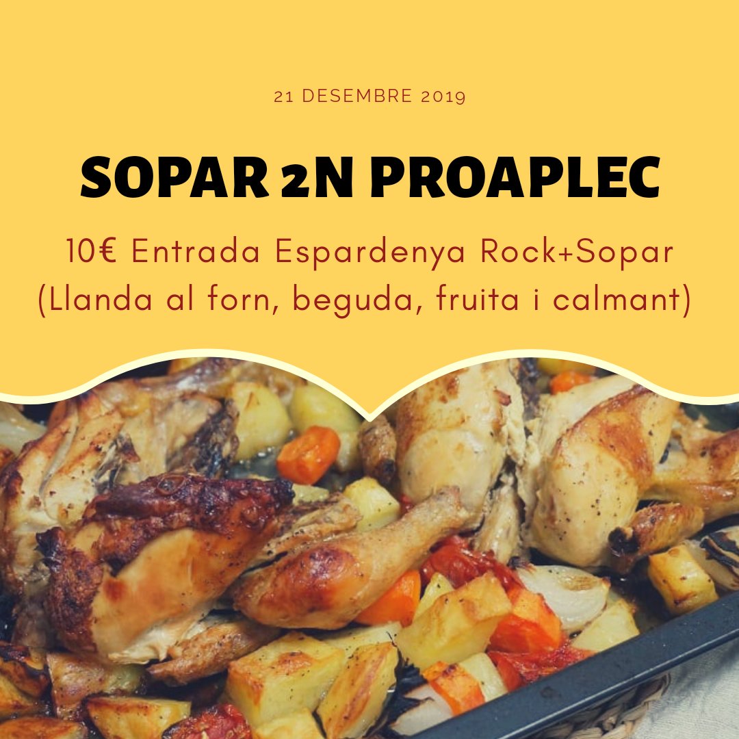 AplecdelsPorts's tweet photo. En aquest segon Proaplec, podràs sopar llanda al forn 🍗 i quedar-te de festa amb la nit de grups de @espardenyarock 🎸🎤 per 10€ (5€ xiquets). També tindrem opció vegetariana🥗. 

#AplecDelsPorts #Forcall2020 #FemComarca #somdaplec #proaplec #ResistènciaContraLaIndiferència https://t.co/ROn0q2EQwf