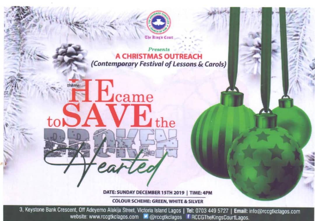 therccgtkclagos's tweet photo. This Sunday, December 15 is our much awaited Christmas outreach Service (Contemporary Festival of Lessons & Carols). Taking place in Lagos at @therccgtkclagos at 4PM. Come & experience the real love as we offer our unreserved praise and love unto God.
#christmascarols #tkclagos https://t.co/oMv5qQH6DZ