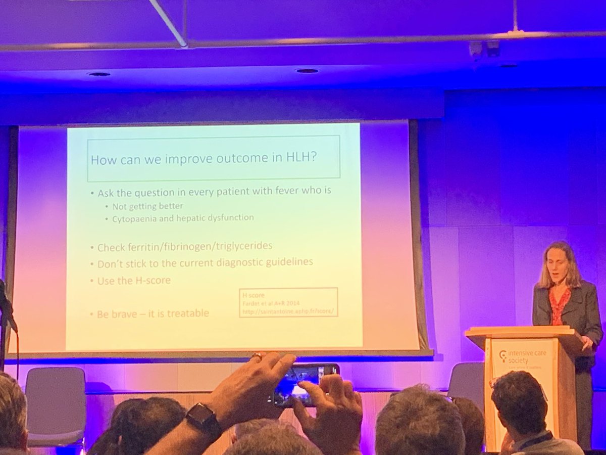 Add ferritin to blood tests in every febrile patient not getting better to try to pick up more HLH. &gt;4000 for suspicion. &gt;10k is poor sign #ICSSOA #rheumatology in ICU.  This is a great talk!