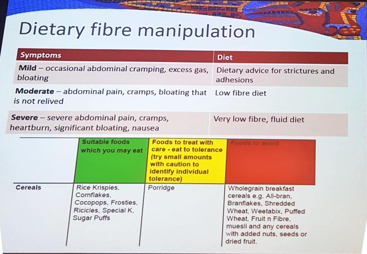 #intestinalrehabilitation2019
@AlisonCulkin on dietary Mx #smallbowelobstruction. No evidence exists. Remember mouthcare and look at teeth. Dried apricot stuck in bowel as not chewed! Fibre can be bad but can tolerate some cautiously. #monitormonitormonitor @StMarksHospital