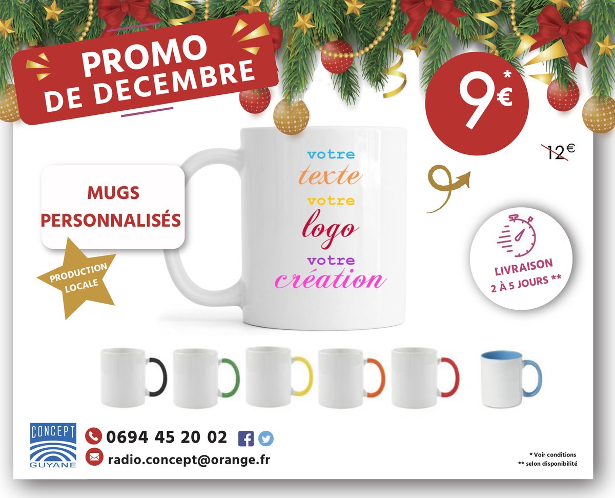 conceptguyane's tweet image. Faites plaisir à vos proches, amis, partenaires en leur offrant un mug. Vous pourrez y ajouter du texte, des photos ou tout simplement votre logo. A partir de 3 exemplaires.
- Cadeau de bienvenue en entreprise, d’anniversaire, noël...
radio.concept@orange.fr / 0694 45 20 02