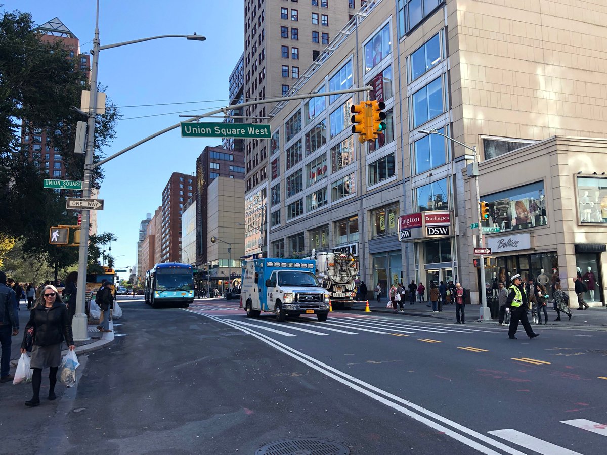 The effects of prioritizing public transit reach well beyond the curb. Our #NewYork office took a walk on 14th Street to a quieter, calmer, more open streetscape. A great example that advocating for public transit can enhance public life too #citiesforpeople #softcity