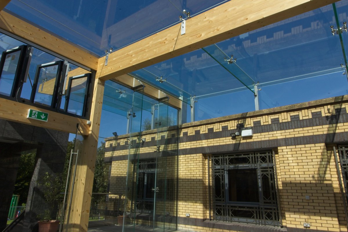 omc_dac's tweet photo. OMC Technologies have installed a feature glass panel canopy at the Islamic Cultural Centre of Ireland. This  canopy allows natural light to flood the building and was designed to incorporate an existing external court yard into the main building allowing full use of the area. https://t.co/q5J2jHkvxa