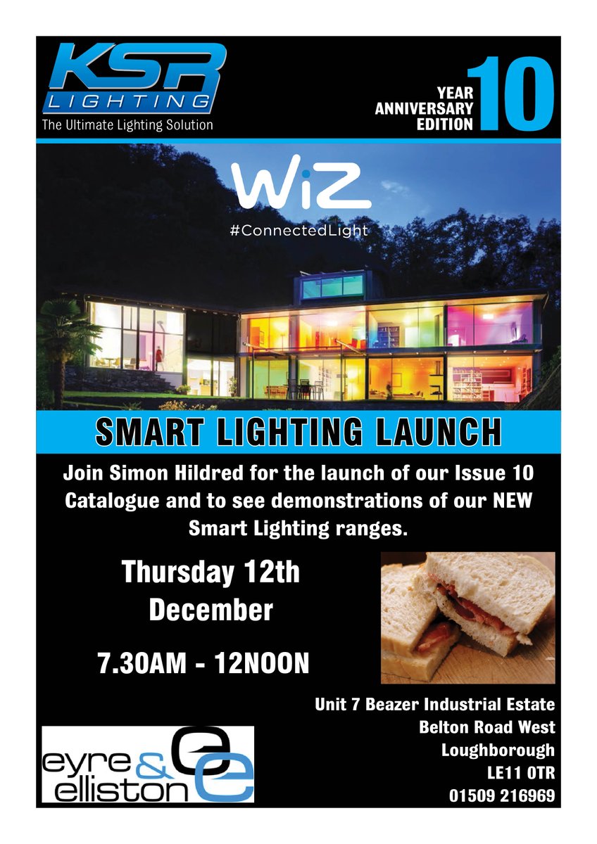 KSRLighting's tweet photo. Be sure to join Simon Hildred this Thursday for a bacon roll & demonstrations of our NEW Smart Lighting ranges!
He'll be at Eyre & Elliston, Loughborough from 7.30am
#KSRLighting #MondayMotivation #homeautomation #LED https://t.co/W6QsXT6Nua