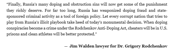 RobHarris's tweet photo. "Russia’s many doping &amp; obstruction sins will now get some of the punishment they richly deserve. For far too long, Russia has weaponised doping fraud &amp; state-sponsored criminal activity as a tool of foreign policy"-  Jim Walden, lawyer for doping whistleblower Grigory Rodchenkov https://t.co/m14IlQbqNU