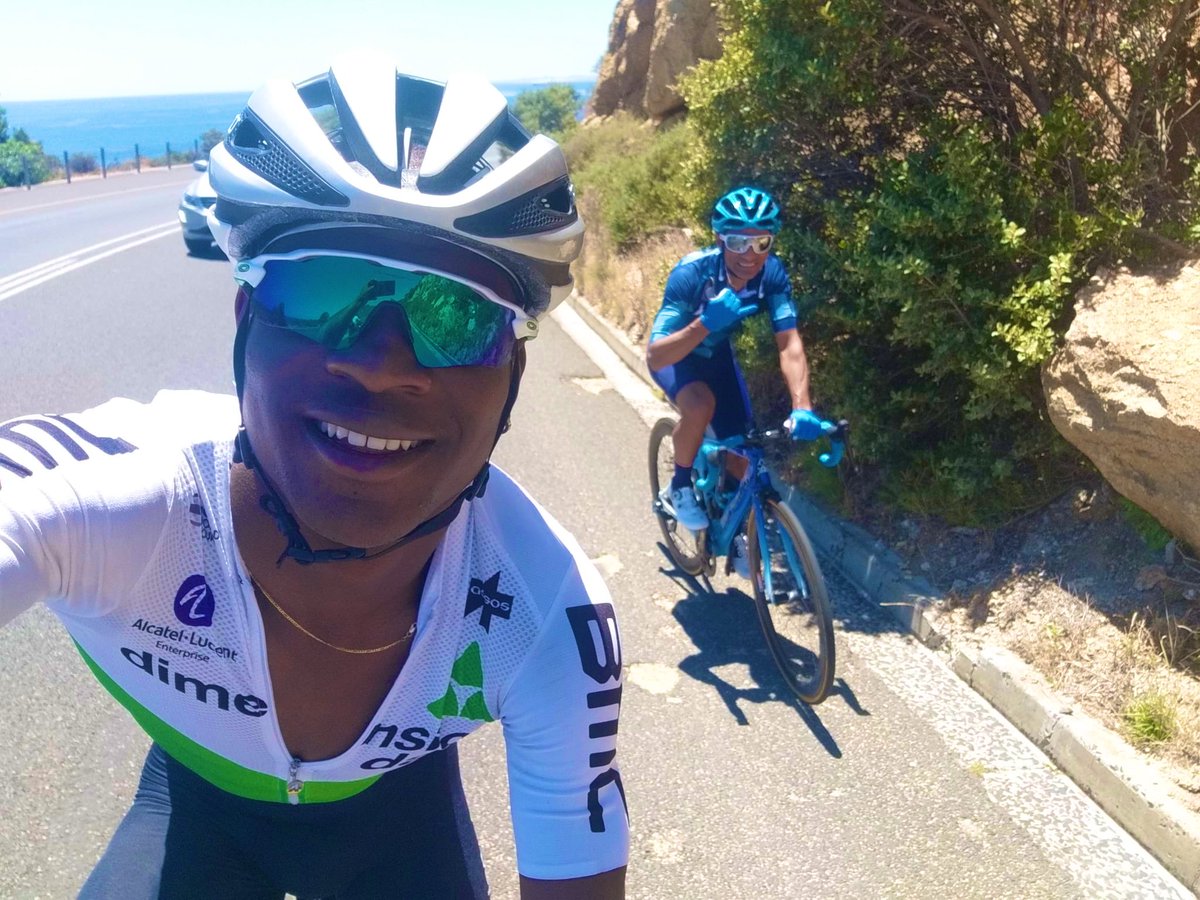 ZaidOmar's tweet photo. Moments before this selfie, something very interesting happened. The agreement with @nich_dlamini @NTTProCycling was that it would be revealed when he next makes the podium on @UCI_cycling world tour. And Iβm sure that will be in 2020.
#PedalAndStride @GoodHopeFM Tuesdayβs 11h30 https://t.co/xyN3pnGc4S
