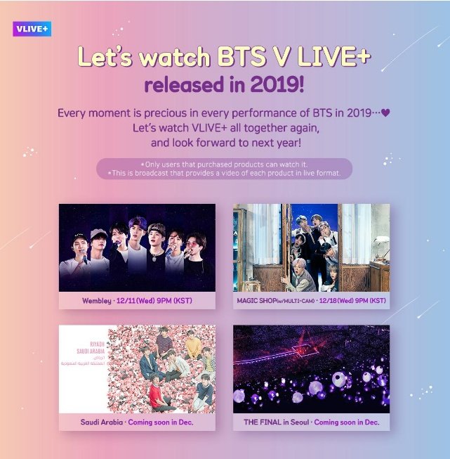 Seoul_ItalyBTS's tweet photo. #TradITA [@BTS_twt #VAPPLIVE] 

Ogni momento è prezioso, ogni esibizione dei BTS del 2019...💜
Guardiamo di nuovo tutti i contenuti di V Live+, mentre aspettiamo con entusiasmo il prossimo anno!
[Solo gli utenti che hanno acquistato questi contenuti, possono rivederli in replica] https://t.co/SxVfx0qXTH