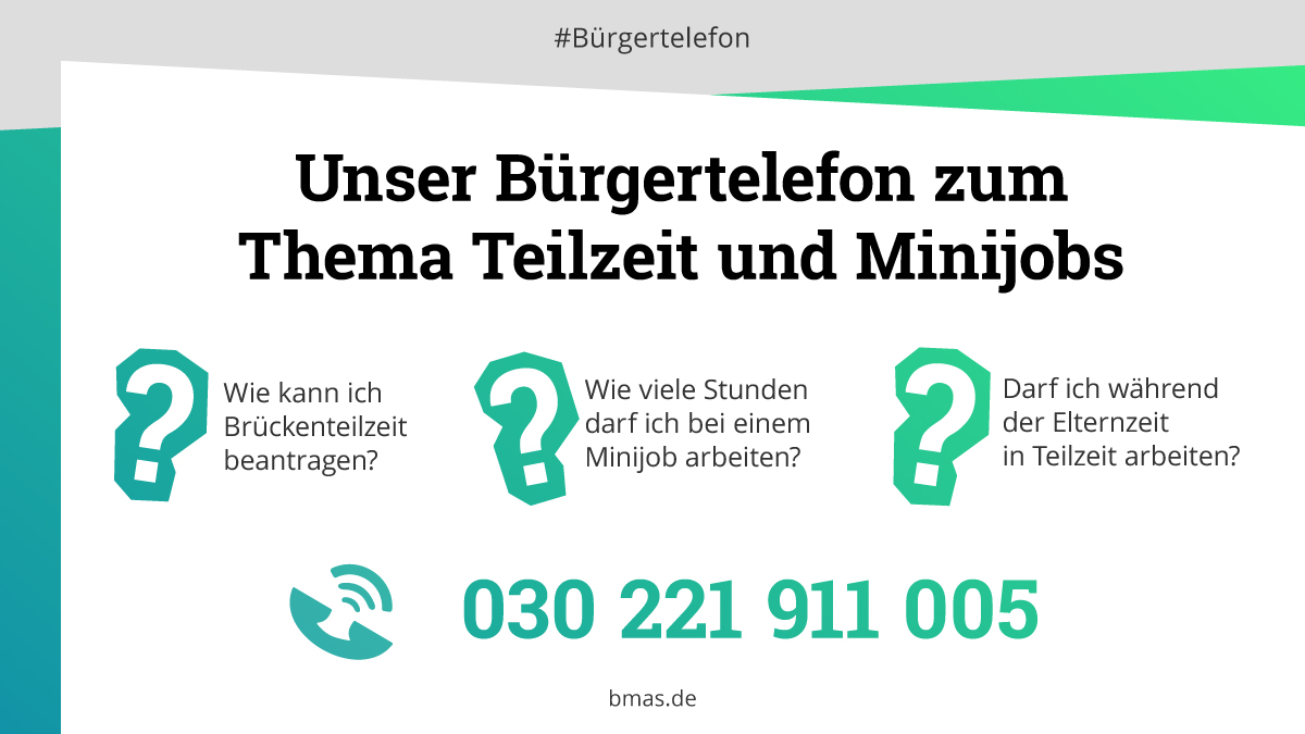 Sie haben Fragen rund um die Themen #Teilzeit und #Minijob?
☎️ Unser #Bürgertelefon berät Sie gerne zu Ihren Anliegen.
👉 Montags bis donnerstags zwischen 8.00 und 20.00 Uhr.