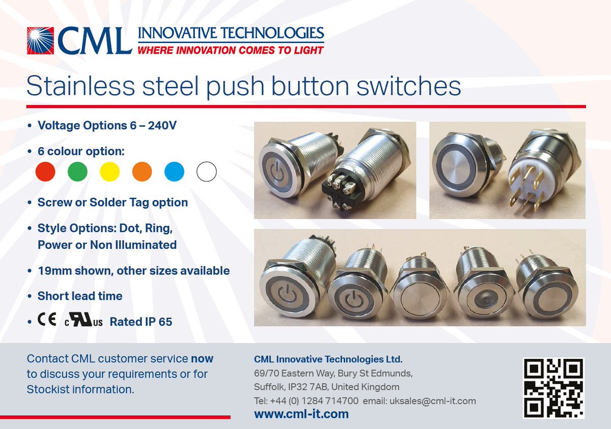 LtdCml's tweet photo. These Stainless steel #PushButton #Switches come in a number Voltage Options &amp; have 6 colour alternatives. They can be screw or Solder,&amp; the style Options include: 
Dot, Ring,Power or Non Illuminated.
With a short lead time just contact us for more info.
https://t.co/Ur0ZXzfPCe https://t.co/twUDrfBuXm