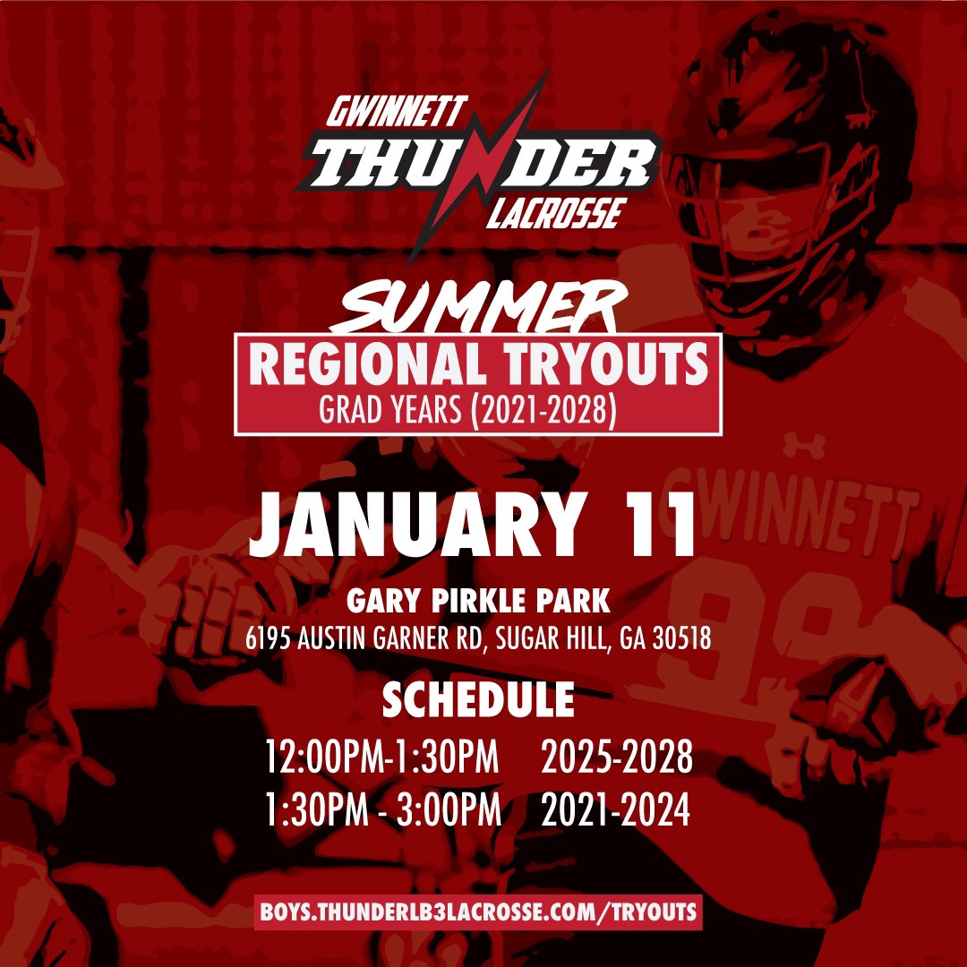 Gwinnett Thunder tryouts January 11th! Register at ThunderLB3lacrosse com
