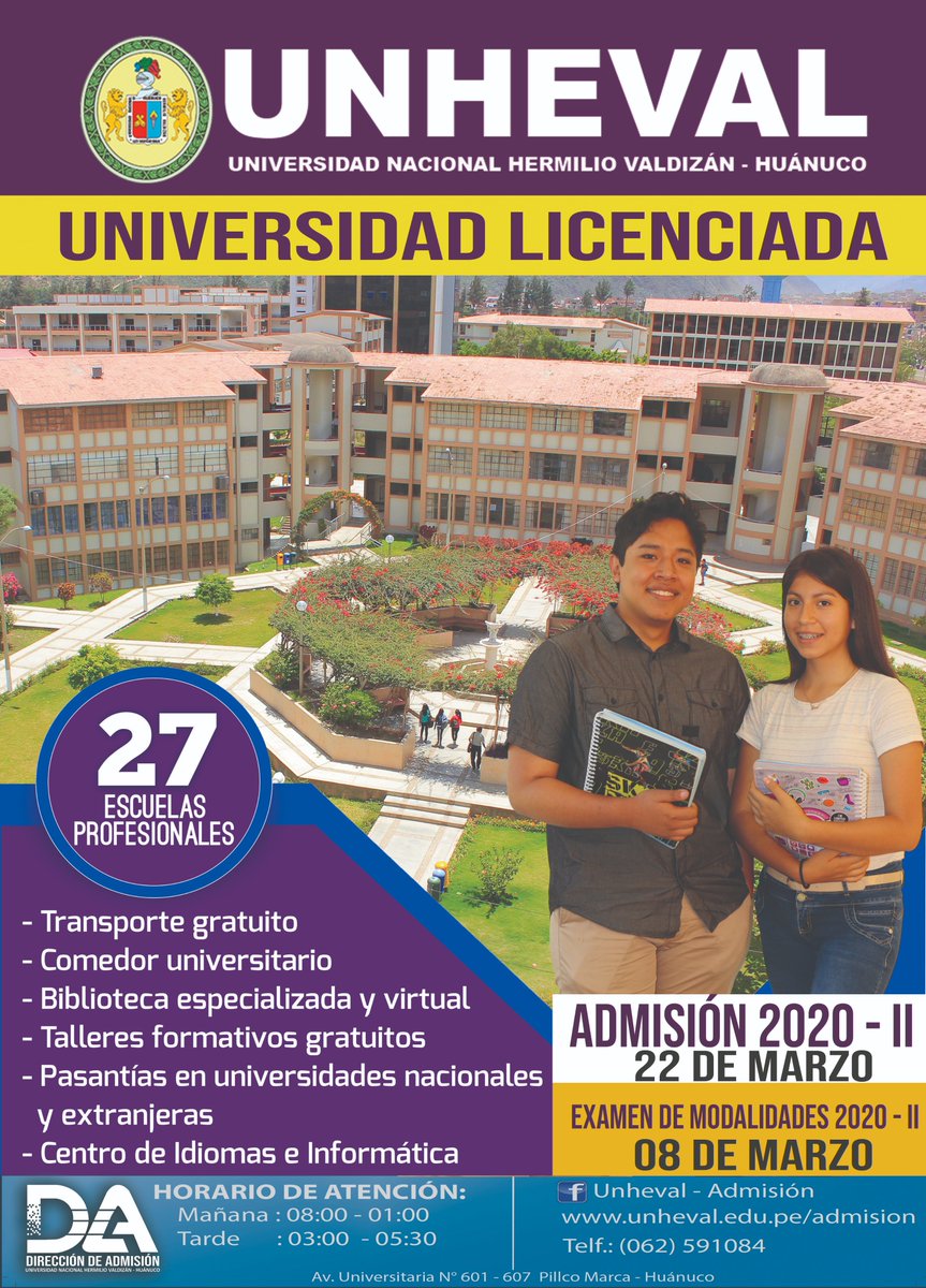 unheval_pe's tweet photo. BUENOS DÍAS, Se apertura las inscripciones para el Admisión 2020 - II en la Universidad Nacional Hermilio Valdizán de Huánuco.
@SuneduPeru @SineacePeru @MineduPeru @SineacePeru @admisionunheval https://t.co/mzvW7Y3Qhm