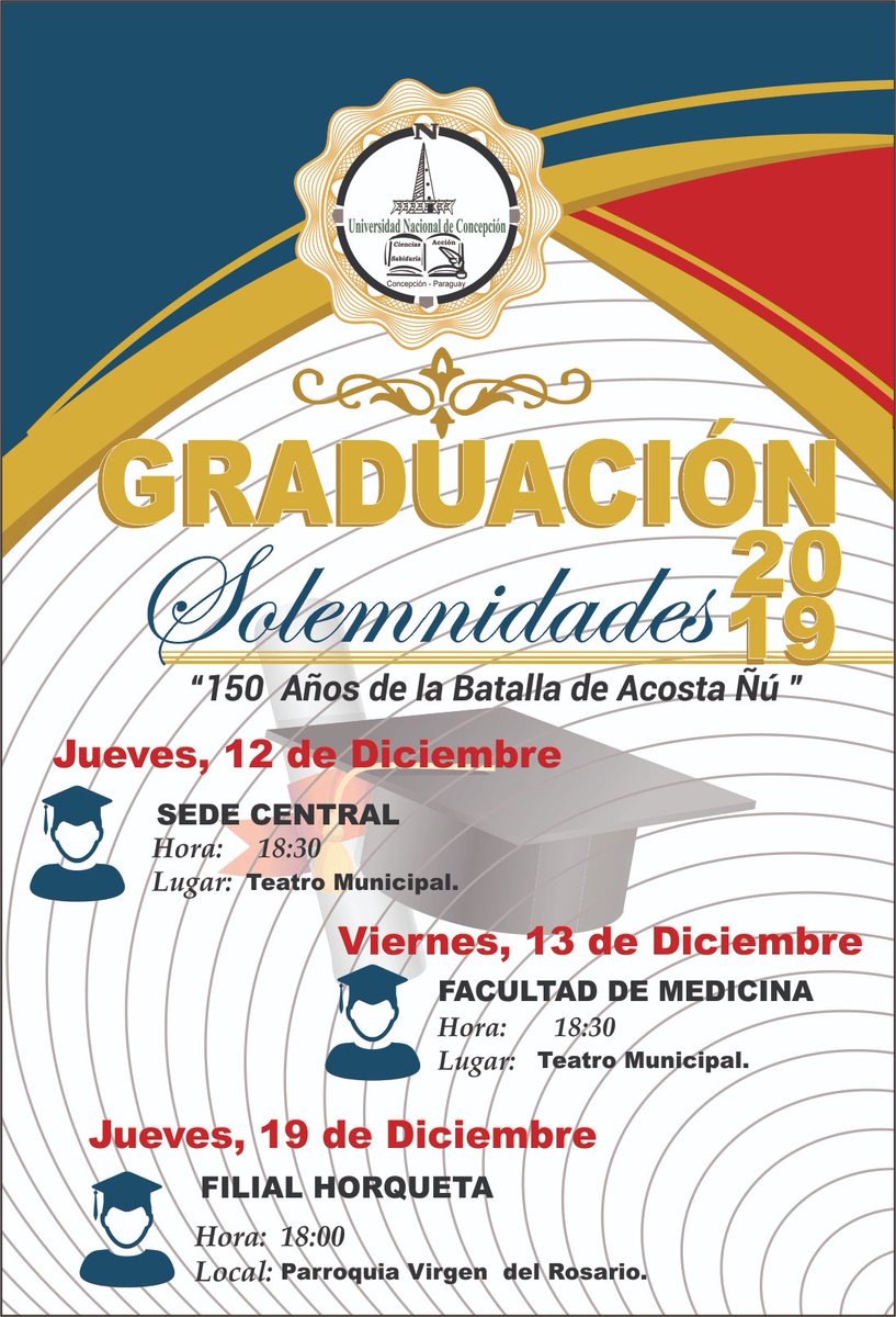 UncConcepcion's tweet photo. 216 nuevos profesionales egresarán de la UNC👩‍🎓👨‍🎓. 179 de la Sede Central y 37 de la Filial Horqueta📊Compartimos con la comunidad, el logro de los jóvenes en los diferentes actos de graduación📌 Promoción "150 años de la Batalla de Acosta Ñu". Es invitación📃 https://t.co/mpTPXTTcBb