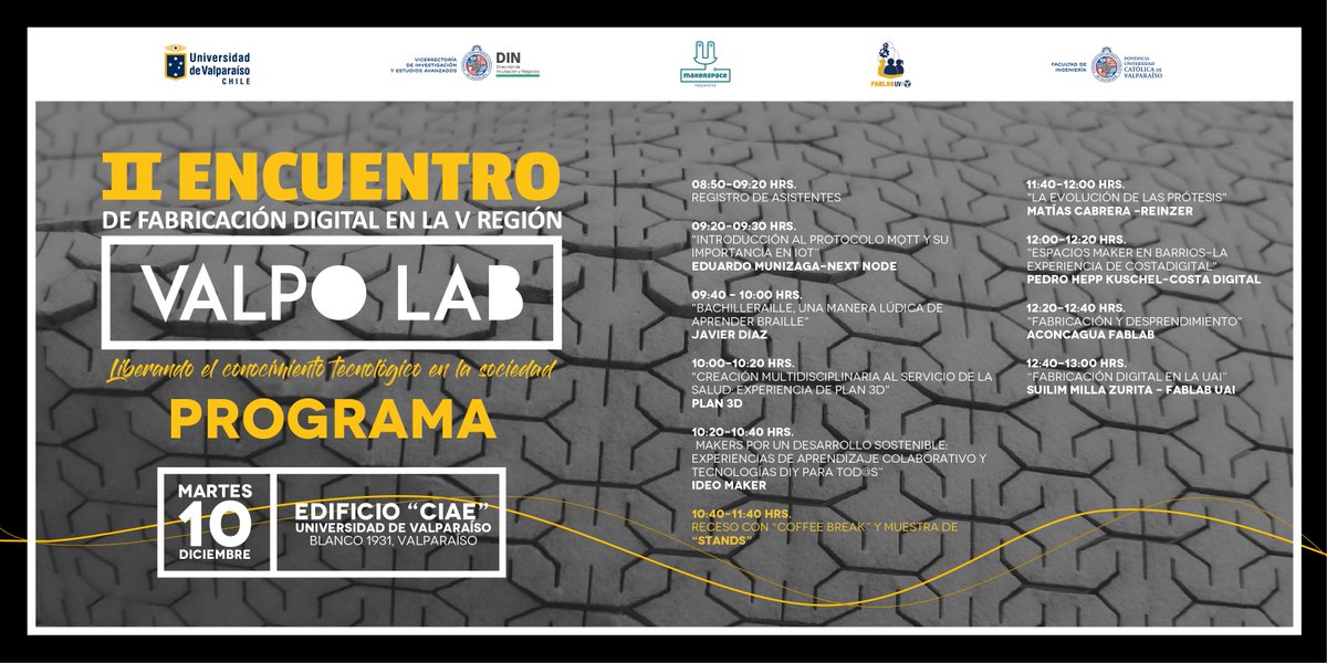 MakerspacePUCV's tweet photo. [#MakerOnTour]🧳 ¡MAÑANA ES EL II ENCUENTRO DE FABRICACIÓN DIGITAL V REGIÓN! 

Organizado junto a  #FabLab-UV contaremos con representantes de la #FilosofiaMaker y sus experiencias en educación, tecnología y fabricación digital.👨🏻‍💻👩🏻‍💻¡entrada gratuita! 👉🏼
https://t.co/hcpnjyYHs6 https://t.co/QPaEs5rx9g