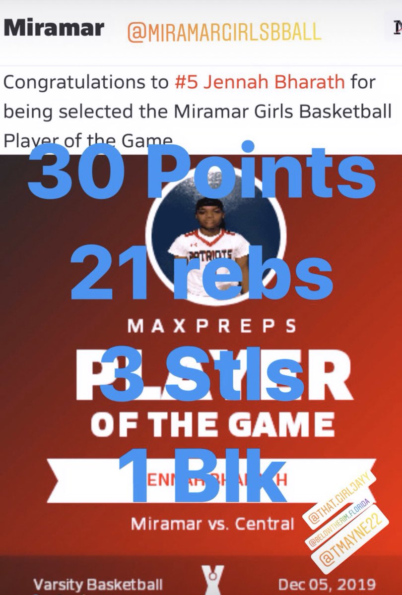 Miramar’s Jennah Bharath 2020 goes off for a Career High 30pts &amp; 21 rebs vs Miami Central. <a href="/tremayne22sr/">Tremayne</a> <a href="/MiramarSports/">MiramarSports</a> <a href="/BelowTheRimMia/">BTR Florida</a> <a href="/SUTSReport/">SUTS Report</a>