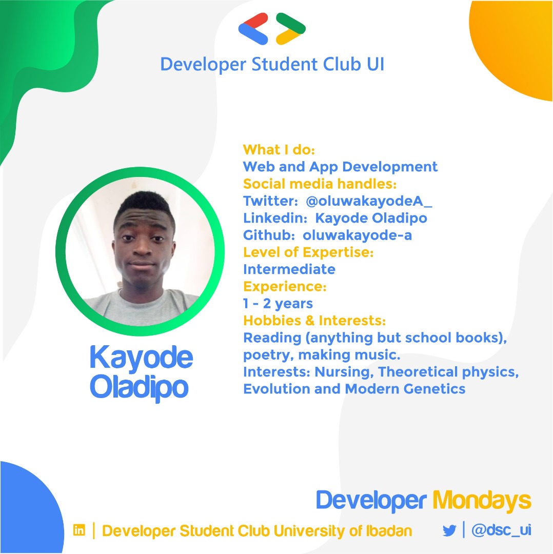 gdg_ui's tweet image. Kayode Oladipo, @oluwakayodeA_ is a self-taught developer with a starry eye for beauty, a mind to learn and create. He is an amazing web and app developer.

@dscssa #dscssa @auwalms 
#googledevelopers
#DevelopersMonday
#Siliconvalley
#softwareengineering
#startupworldcup
#crea8