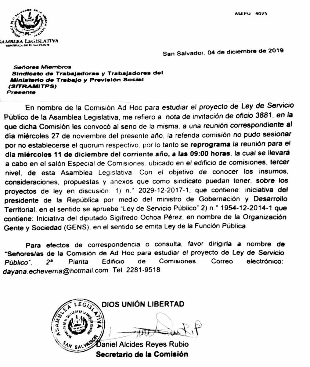 SITRAMITPS's tweet photo. Hemos sido invitados a la comisión de la @AsambleaSV que estudia Ley del Servicio Público. Como SITRAMITPS creemos en la modernización del Estado y profesionalización de servidores públicos pero no apoyaremos ninguna iniciativa que afecte los derechos de los y las trabajadoras. https://t.co/1BrLSOLAz7