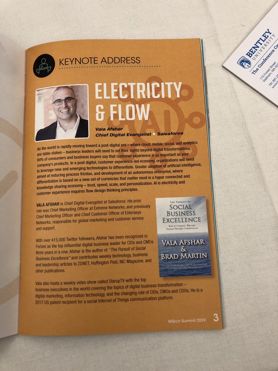 ValaAfshar's tweet photo. Today, I am speaking at @NEDMA’s 10 annual marketing technology summit at the beautiful @bentleyu campus. 

My talk is about electricity (AI) and flow (CX) and what companies need to do in order to compete and win in a post digital economy. #MTechSummit https://t.co/dQWPWgx3Dh
