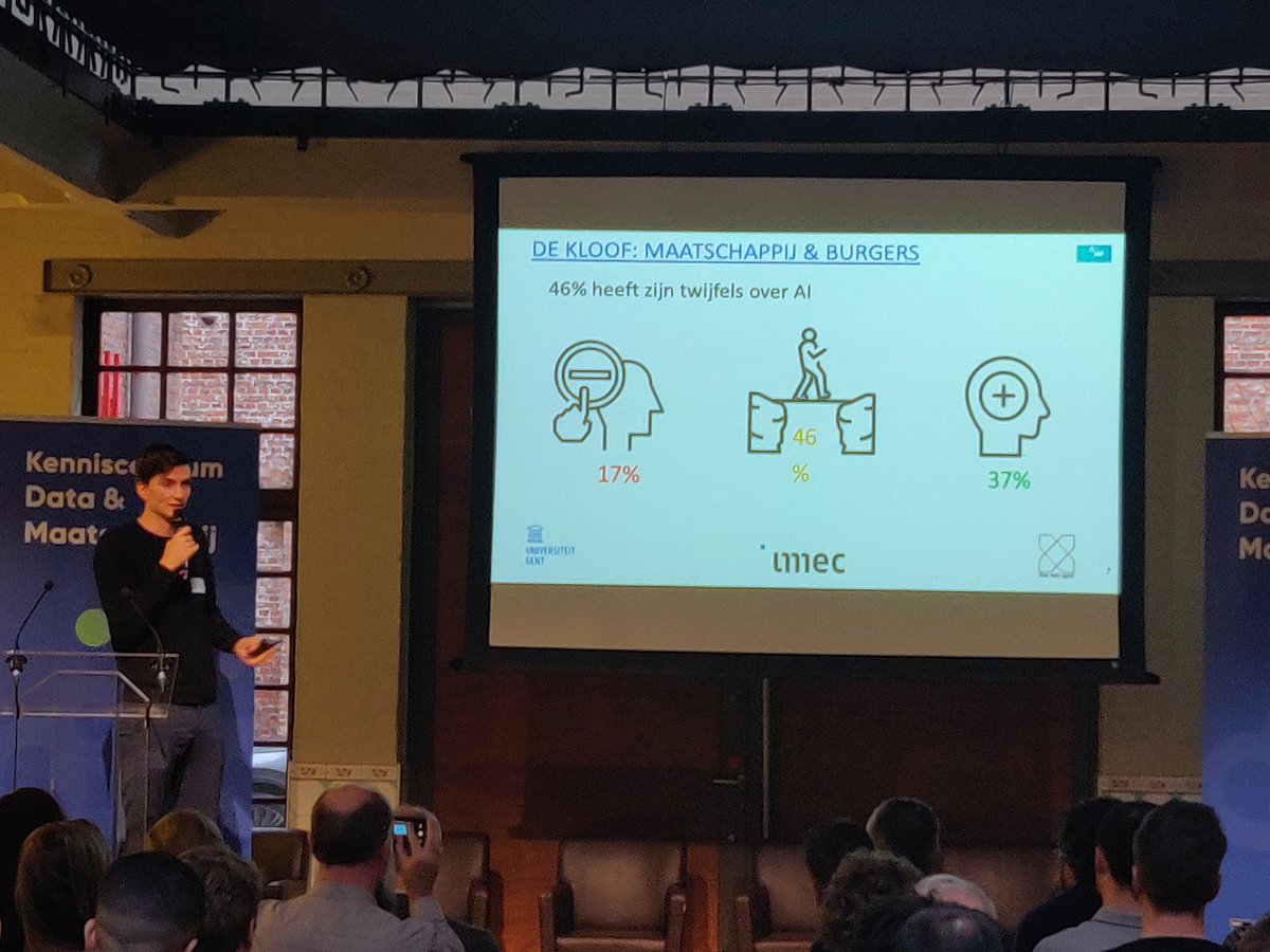 Karel Vandendriessche van <a href="/imec_mict_UGent/">imec-mict-UGent</a> licht enkele #AI bevindingen uit de #digimeter toe. 46%  zit momenteel 'on the fence' in hun relatie tot #AI - nood aan maatschappelijk relevante tools en informatie!