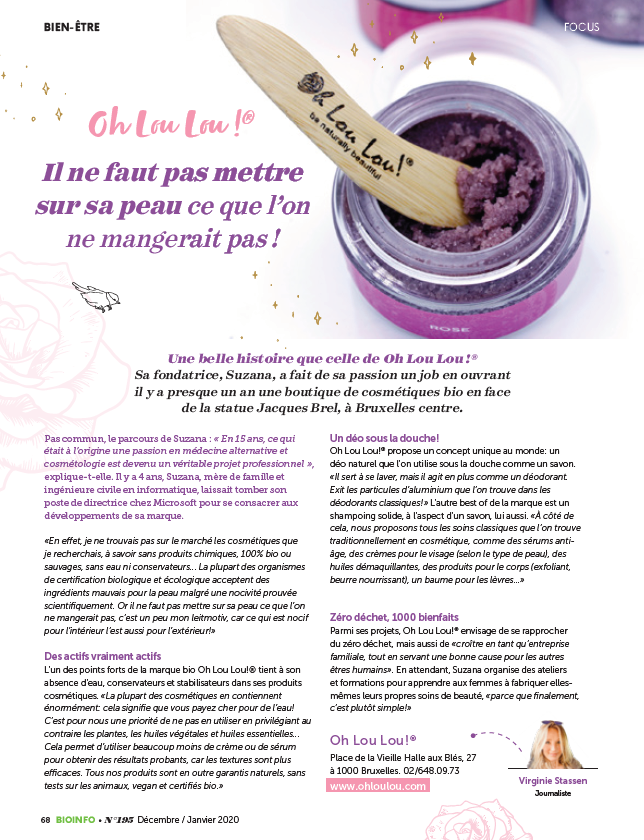 ohloulou_'s tweet photo. Merci à @StassenVirginie de BioInfo (Le 1er magazine #Belge du #mieuxvivre , disponible dans tous les magasins #bio ) pour son article sur @ohloulou_  #organicbeauty #bio #skincare #zerodechet #vegan #artisanal #naturalproduct https://t.co/xwmo9PAVlX