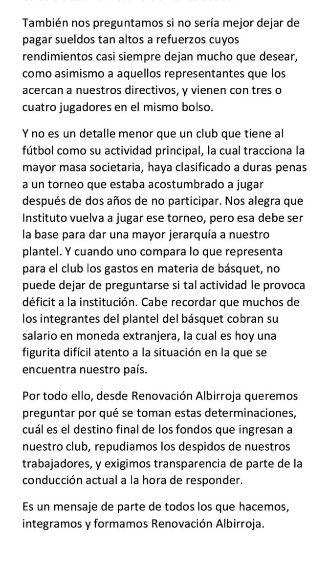 tomasroque60_'s tweet photo. El comunicado oficial de Renovación Albirroja y las inquietudes nuestras sobre el momento económico que atraviesa Instituto a fin de año. https://t.co/DPRfJt8N1B