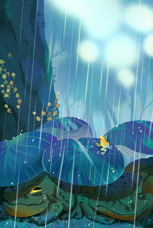 eryslash's tweet image. Finally I can post my finished piece for @thefrogzine! 
Please enjoy smol frog loving the rain while chunky toads nap.
Thank you so much to @Jaymajaym  of @pinkcloverpress for running the zine and making an awesome book!