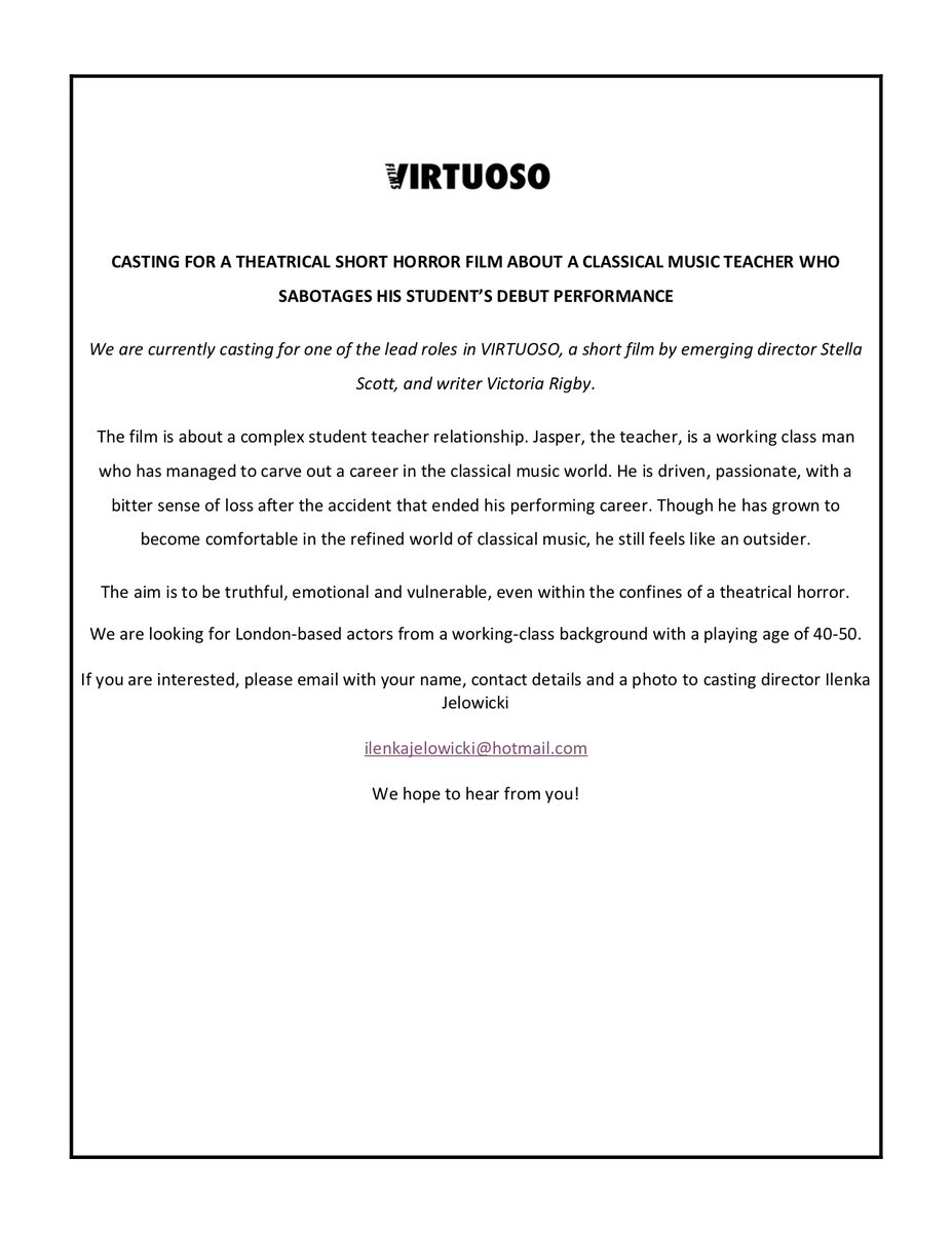 Casting for a lead role in <a href="/VirtuosoFilm/">#VIRTUOSO</a> please email ilenkajelowicki@hotmail.com if you are interested with the following info.