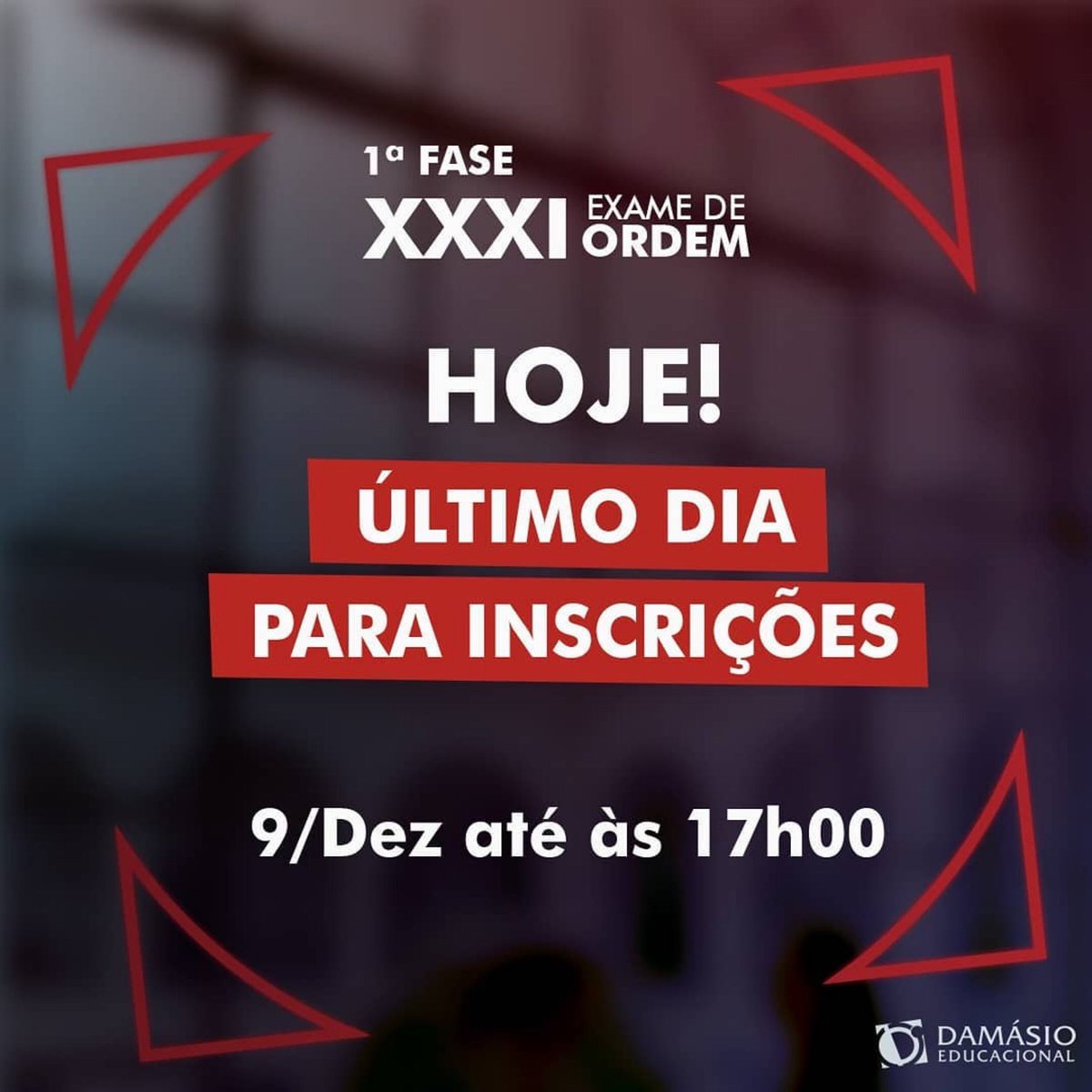 damasio_maringa's tweet photo. Hoje é o último dia de inscrição para OAB XXXI.

O prazo termina às 17h.

#oab #examedeordem #damasiomaringa https://t.co/dPDcMsqEgs
