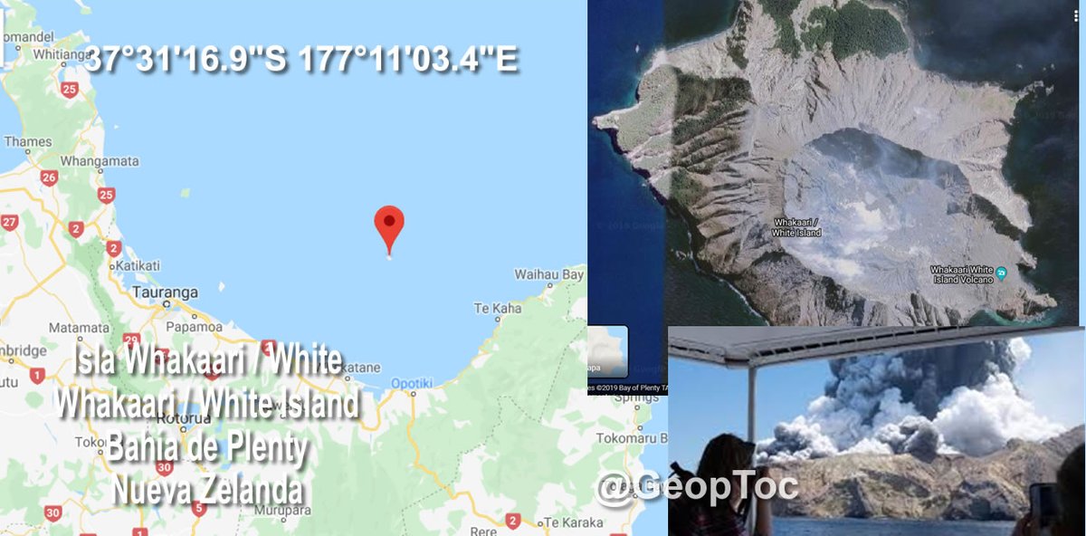 GeopToc's tweet photo. El Volcan #WhiteIsland de La isla #Whakaari  situado a 48 km de la costa este de la isla Norte de #NuevaZelanda que entró en erupción este lunes 9-12-2019  maps: https://t.co/22rm9UBwKx https://t.co/u5MdiYvcyV