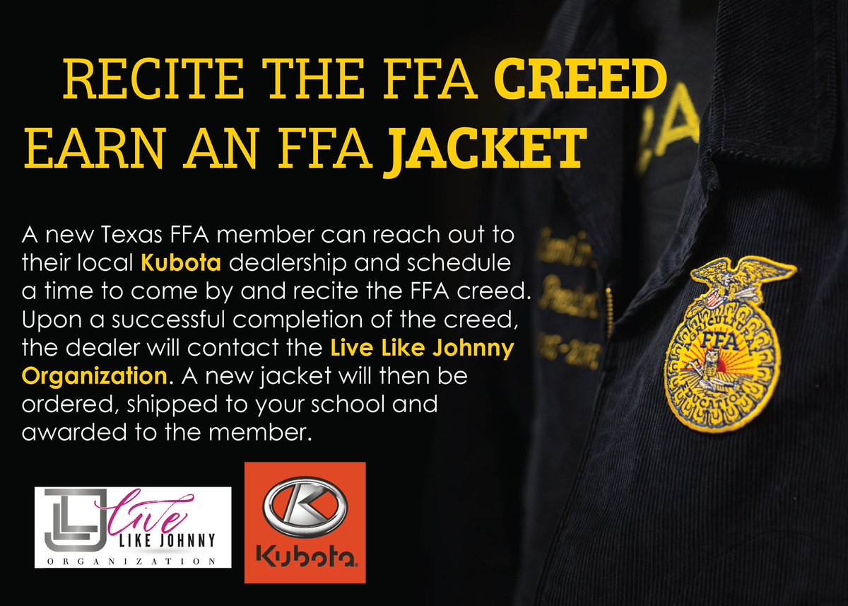 Texas Kubota dealers are teaming up with the Live Like Johnny Organization to provide deserving Texas FFA members a chance to receive their first FFA jacket.

Thank you to both of these partners for the generosity!