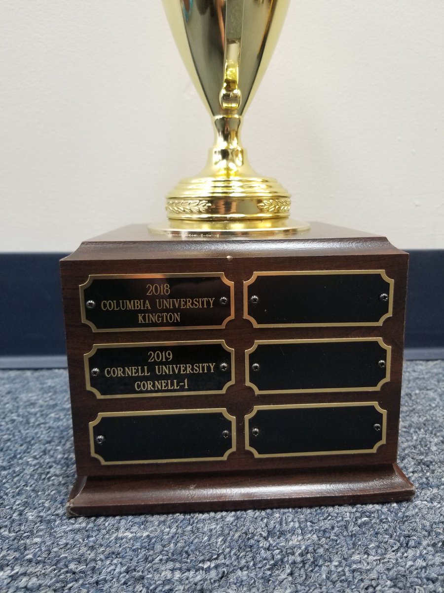 NAPCNews's tweet photo. The ICPC Greater NY Regional perpetual cup has been engraved with this year's winner, Cornell 1.  The🏆 will be shipped to the school shortly and remain there until next year's GNY Regional! Congratulations again to Cornell 1! #ICPCGNYR #ICPCNAC https://t.co/G3zLz5uVJ0