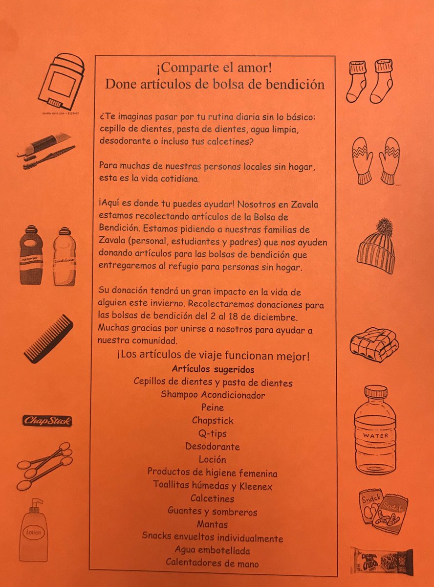 ZavalaElem's tweet photo. In this season of giving, Zavala students are collecting items that will benefit the homeless. Please bring all donations to the Zavala office. #seasonofgiving #blessingbaskets #communityservice #zavalastarz #teamECISD https://t.co/jjZ9qyKoXk