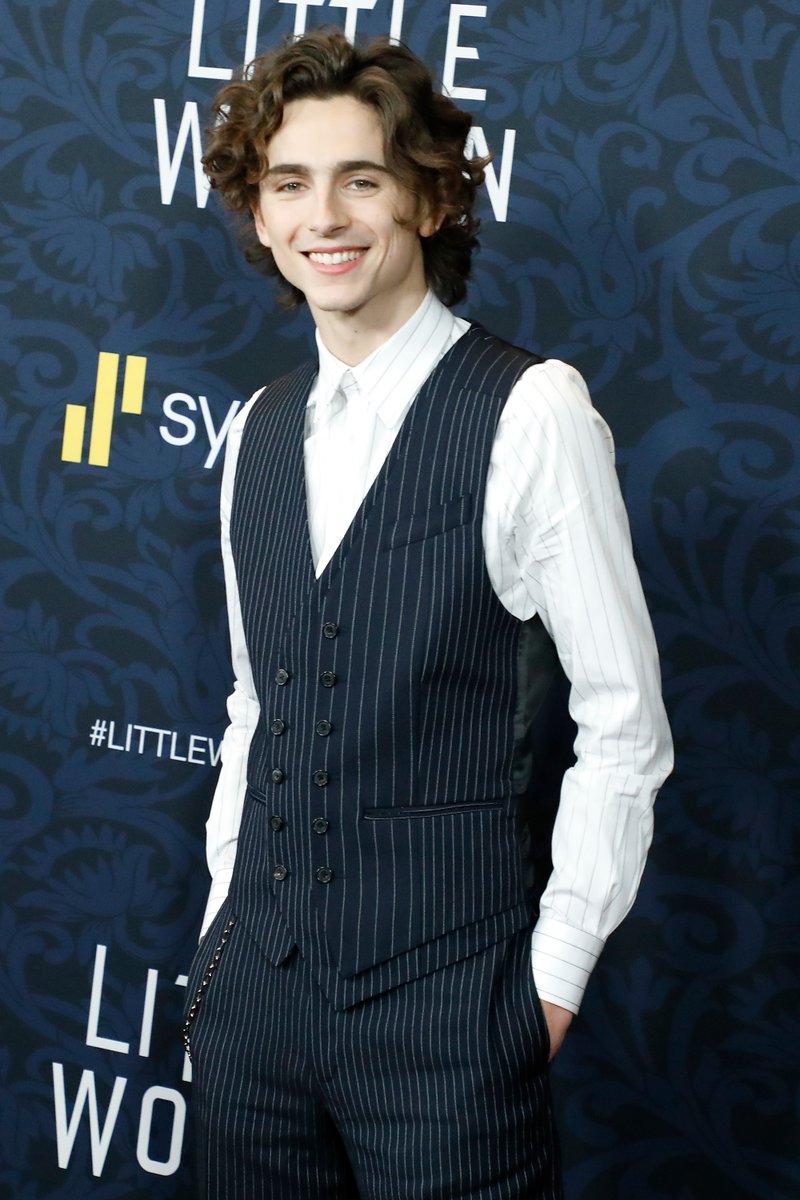 McQueen's tweet photo. @RealChalamet wears an Alexander McQueen reconstructed waistcoat in pieced and patched pinstripe, narrow pinstripe trousers and a classic striped cotton poplin shirt with Tread boots to the world premiere of Little Women.

#TimotheeChalamet
#SeenInMcQueen
#AlexanderMcQueen https://t.co/yGIsM7wnPP
