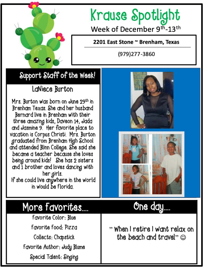KrauseElem's tweet photo. Congratulations to this week's Teacher of the Week and Support Staff of the Week. We appreciate all you do! #kesstickstogether @BrenhamISD https://t.co/tjlOuihv2k