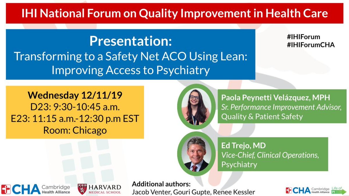 PaolaPeynetti's tweet photo. Hey #IHIforum attendees: join us on Wednesday to learn about our 2-year #lean journey to improve #MHaccess at @challiance! We have an unbelievable before/after patient journey workflow, exciting outcomes, and concrete strategies to tackle challenges. See you there! #IHIforumCHA https://t.co/HXbhkue1It