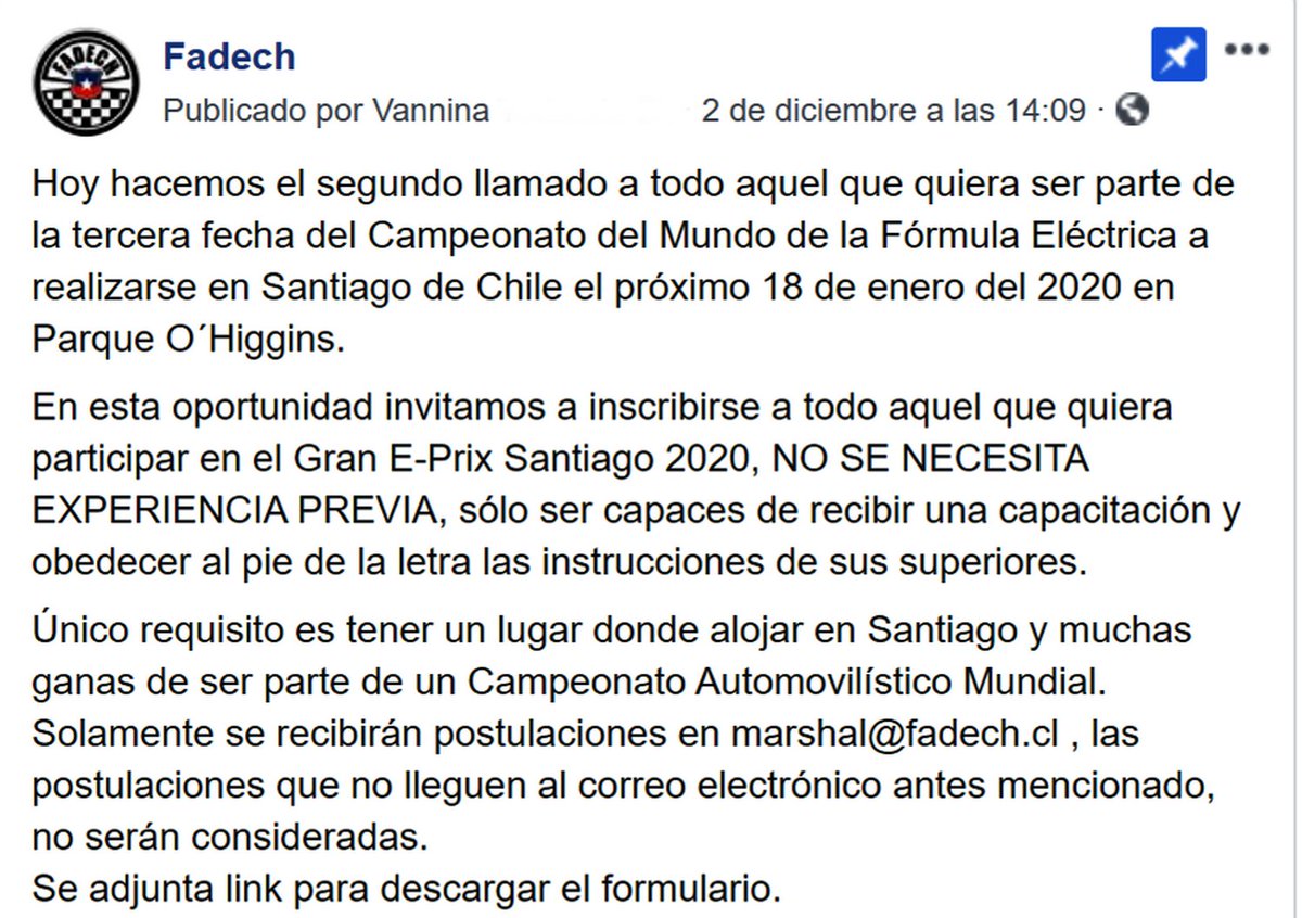 vannina74's tweet photo. 2º llamado a todo aquel que quiera ser parte de la 3ª fecha del Campeonato del Mundo @FIAFormulaE como oficial de pista.
Se adjunta link para descargar el formulario
(sólo enviar a través del correo marshal@fadech.cl)
https://t.co/o4g6AHR67p
#formulae #fadech #fia #FelizLunes https://t.co/hDSnSmUJAT
