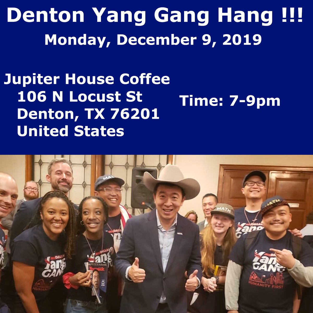 HumanityTexas's tweet photo. Hey Denton County! How exciting was #YanginDallas We’re still pumped! Join us tonight as we channel our energy into ways to promote more support for @AndrewYang You won’t want to miss out on the fun 😊 #YangGang #HumanityFirst https://t.co/6T69u4V41b