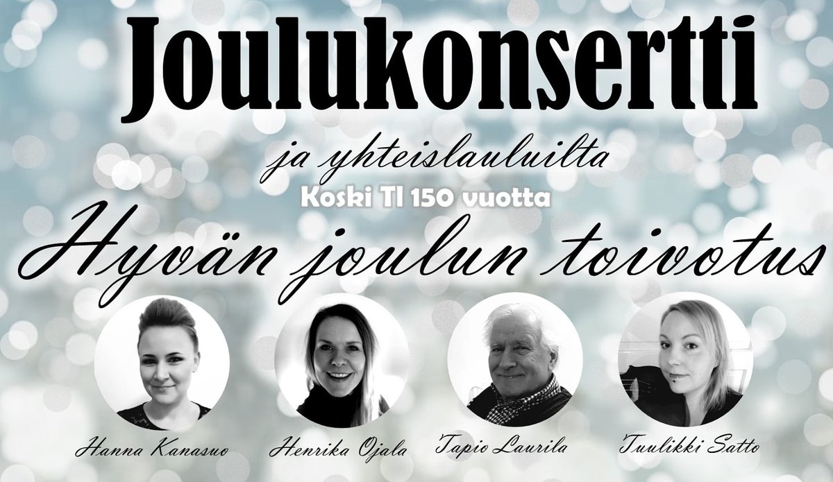 Su 15.12. klo 18.00 Kosken koulukeskuksessa joulukonsertti ja yhteislauluilta. Liput 10€. Tervetuloa!