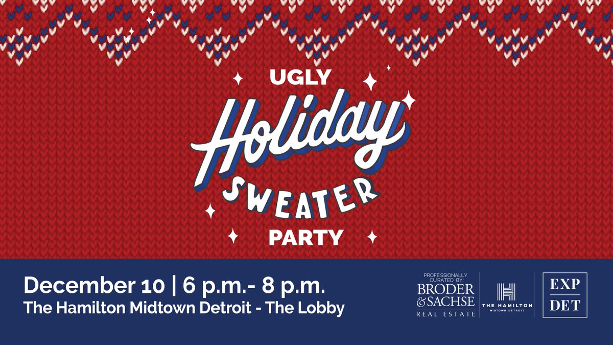 TheHamiltonDET's tweet photo. Our Resident Holiday Party is tomorrow! Don’t forget to head to the lounge between 6PM – 8PM! Those who wear an ugly holiday sweater will be entered to win a special gift. Send your RSVP to bdougherty@brodersachse.com. Exclusive to residents and their guests. https://t.co/VHorqp7O20