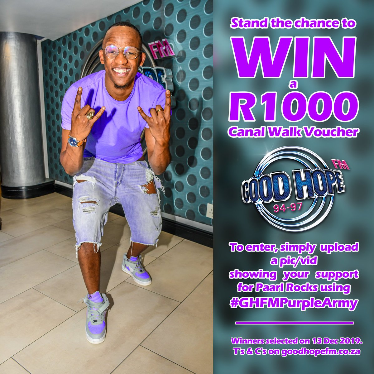 It's WIN time🤑 🏏 You could win a R1000 @canal_walk voucher by showing your support for @Paarl_Rocks. 📹📸Upload a Pic/Vid of your outfit or showing your gees as we get ready for the Paarl Rocks Final on Monday 16 Dec 2019. Remember to include #GHFMPurpleArmy #MSLT20