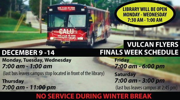 The Vulcan Flyers are operating on an updated scheduled this week. Please plan accordingly!