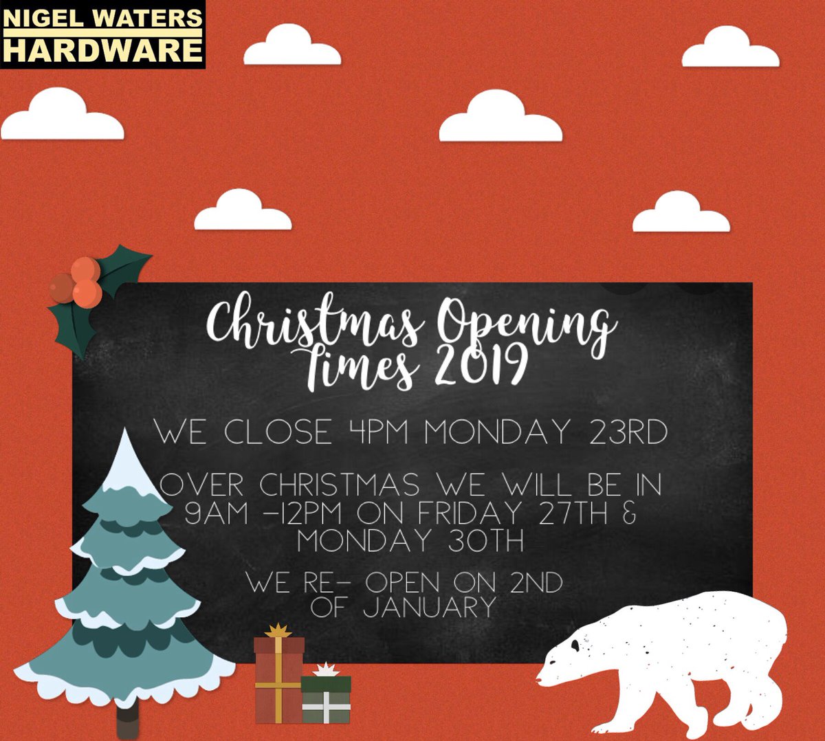 Nigelwaters_hw's tweet photo. Christmas Opening Times 2019🎊 https://t.co/7q6ffTDiJF