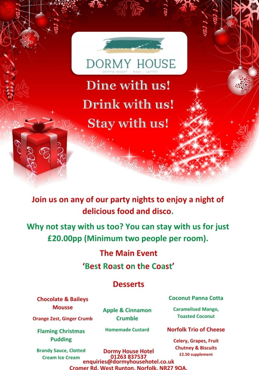 We have just three Christmas Party nights with spaces available! 😮

Whether it's with friends, family or colleagues, why not book today for the 10th, 19th and 21st of December. 

#christmas #norfolk #party #carvery #2course