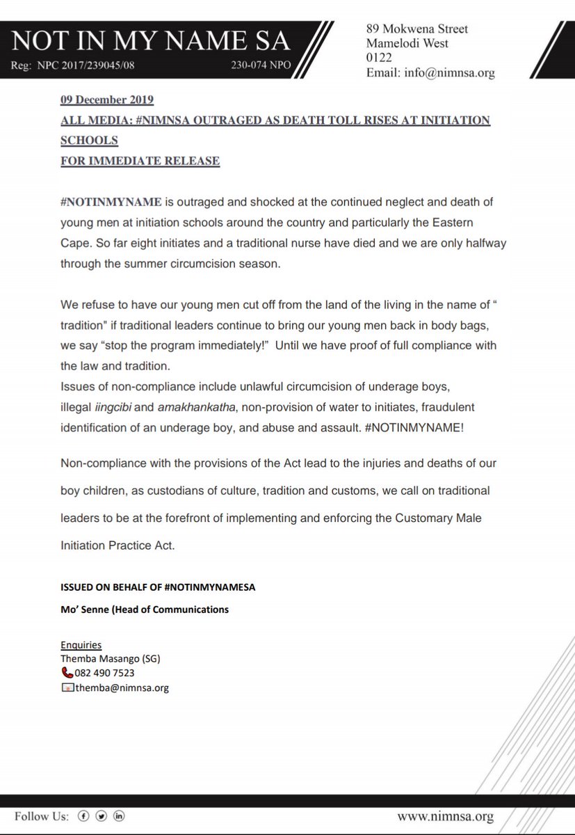 NotInMyNameINT's tweet photo. #NIMNSA OUTRAGED AS DEATH TOLL RISES AT INITIATION SCHOOLS
ISSUED ON BEHALF OF #NOTINMYNAMESA
@Mo_Senne (Head of Communications)
Enquiries
@BroThemba (SG) https://t.co/z9rzUcpBrk